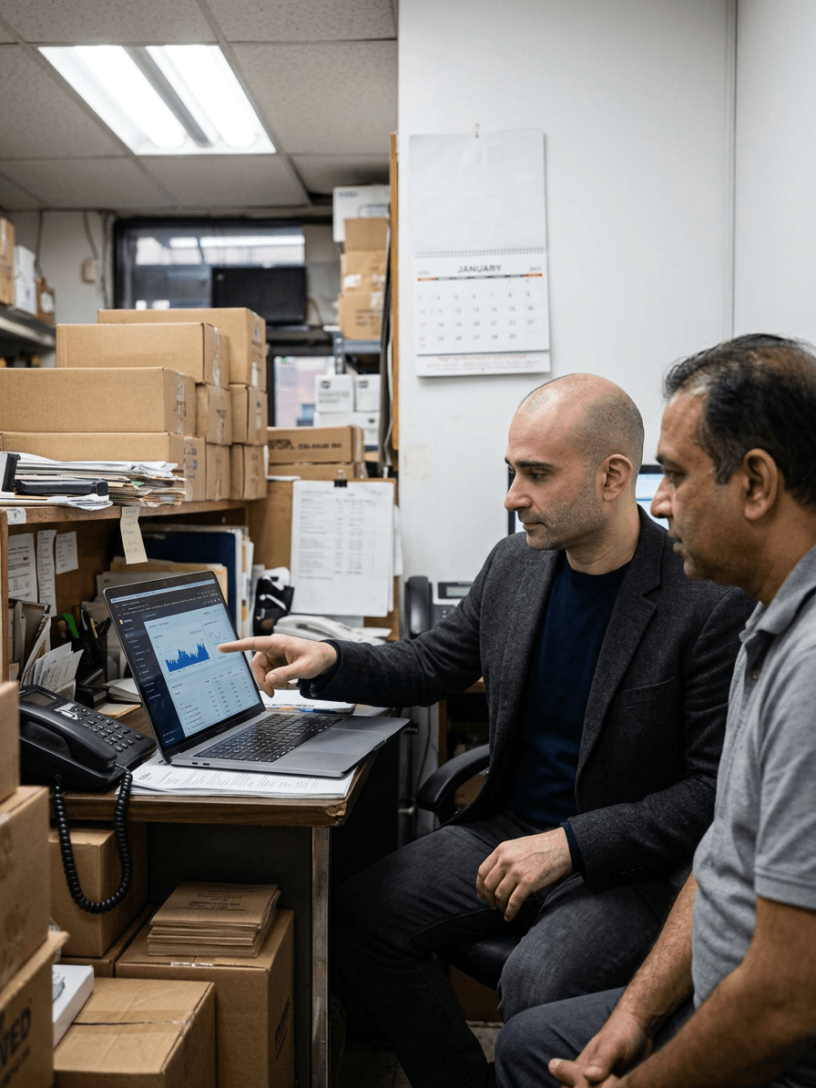 Hamid Elsevar presenting AI business analytics to small business owners